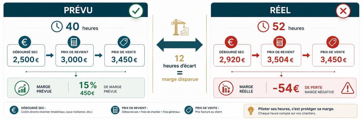 Comparaison entre marge prévue et marge réelle sur un chantier BTP