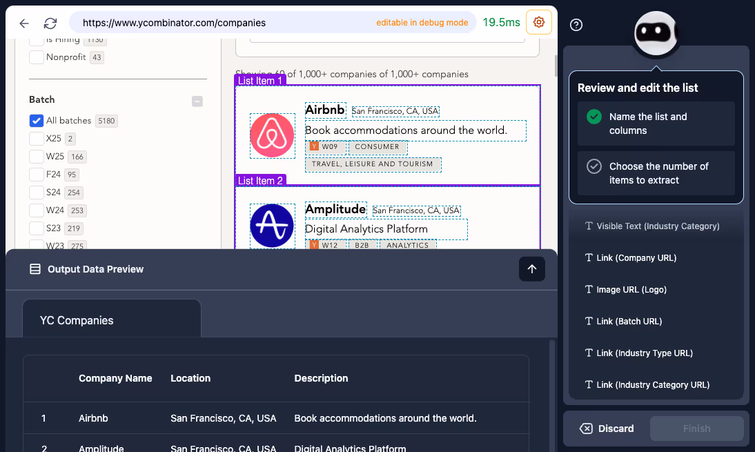 Capture d'écran montrant l'extraction d'éléments textuels spécifiques avec Browse.AI